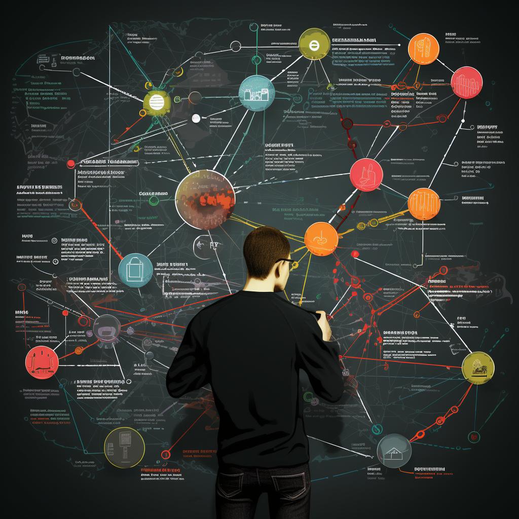 A person analyzing a network diagram with potential vulnerabilities highlighted