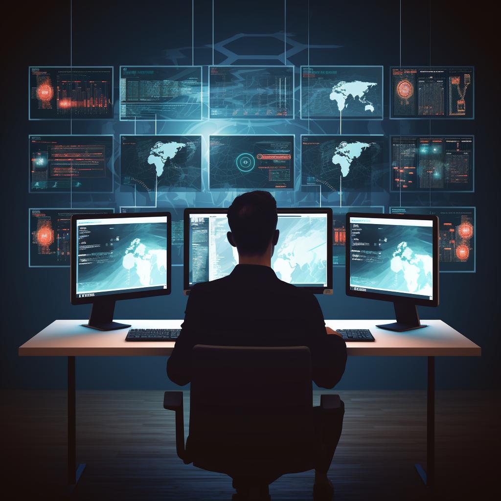 A person monitoring network security on multiple computer screens