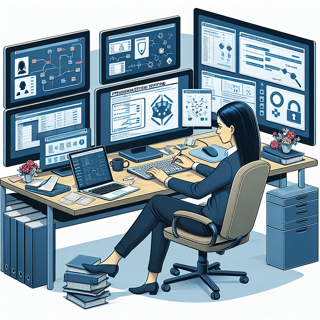 cybersecurity analyst reviewing pen test report and configuring WAF