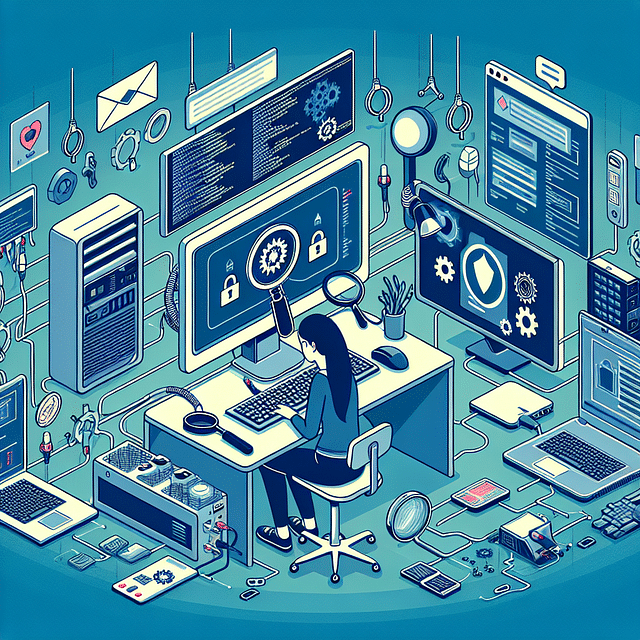 graphic of a pen tester using scanning tools on a computer