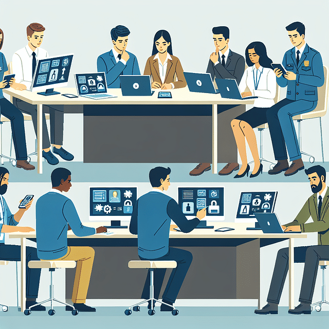 a group of professionals from diverse departments gathering for a cybersecurity meeting