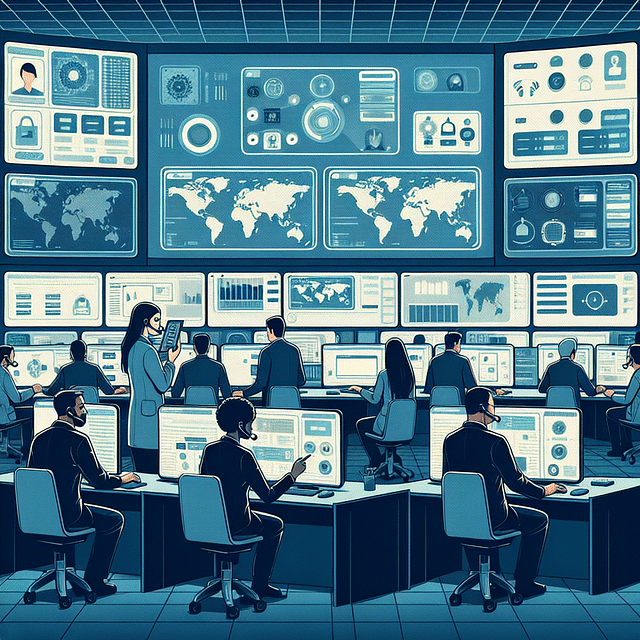 cybersecurity team responding to a network attack in a control room